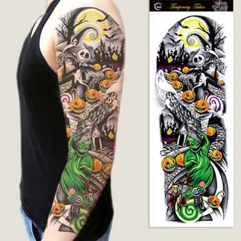 

1pc full arm flower tattoos stickers shoulder fake tattoo sleeves body paint Roses Halloween death skull pumpkin soul Black Fire