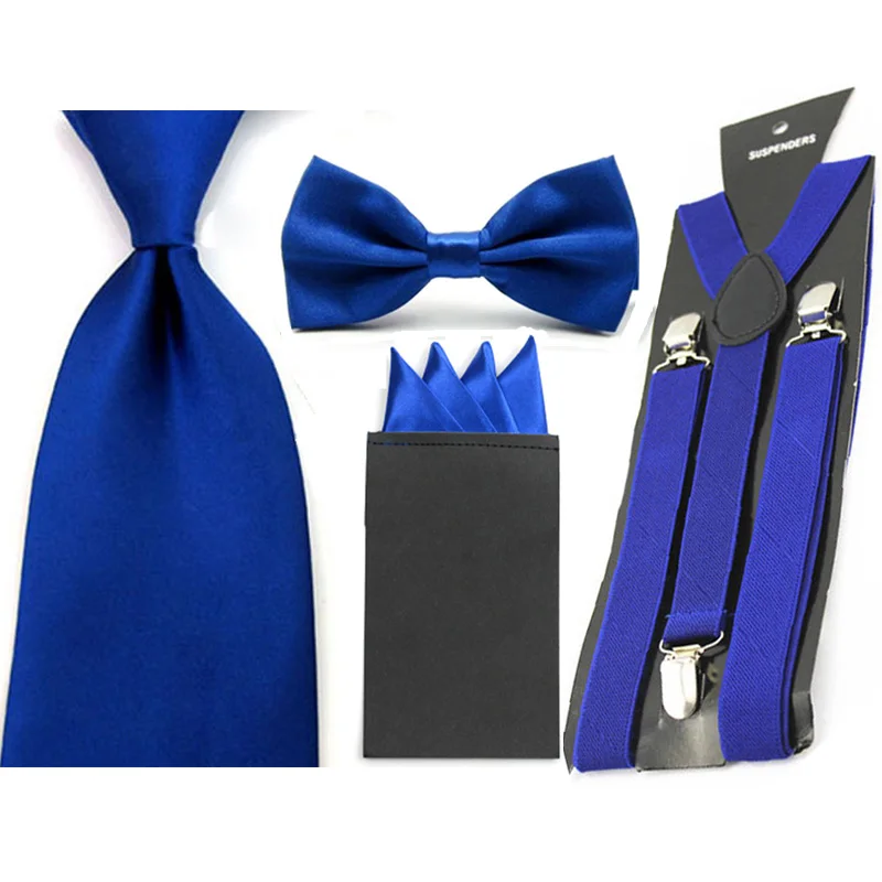 Mens Solid Bowtie 8cm Necktie 4 Folds Handkerchief Pocket Square Suspender Set SETBW0048