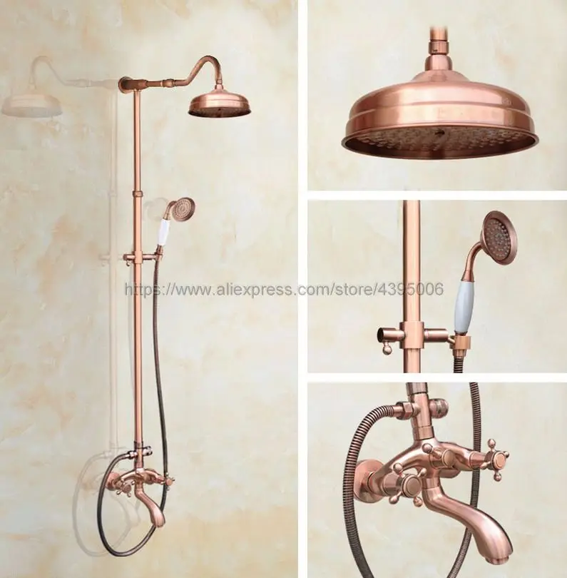 

Antique Red Copper Rain Shower Faucet Set Double Handles Bathroom Mixer Tap Tub Swivel Spout Hand Shower Brg605