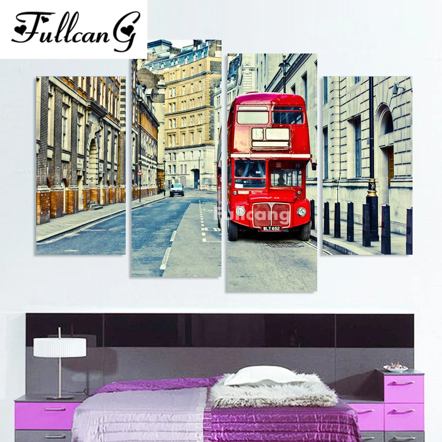 

FULLCANG diy 5d diamond painting mosaic landscapes red bus london full square diamond embroidery with rhinestone 4 pcs E1128