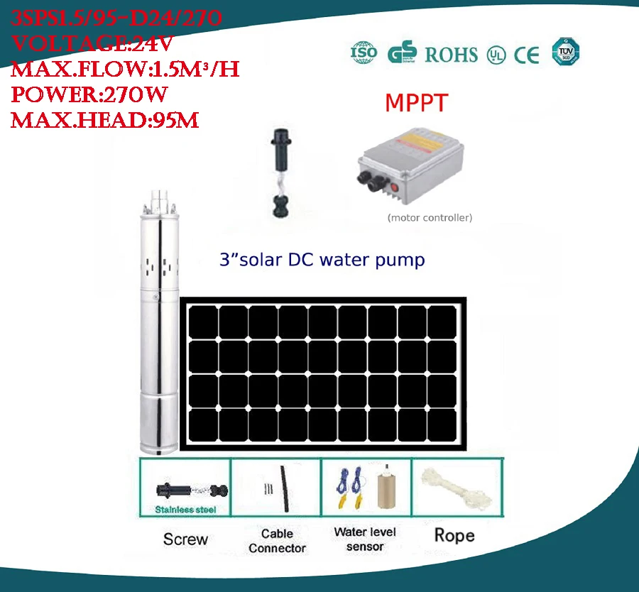 

DC24v 270w 3 Inch Solar Submersible Deep Well Pump With 304 Stainless Steel Brushless Motor 3SPS1.5/95-D24/270