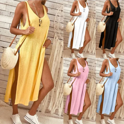 

2019 NEW Arrival Women Sleeveless Side Split Party Club Tank Tops Shirt Dress Kaftan Plus