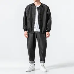 Для мужчин 2 шт. наборы для ухода за кожей (куртка + брюки) Мужской Свободные Уличная Хип Хоп мода повседневное китайский стиль джинсовая