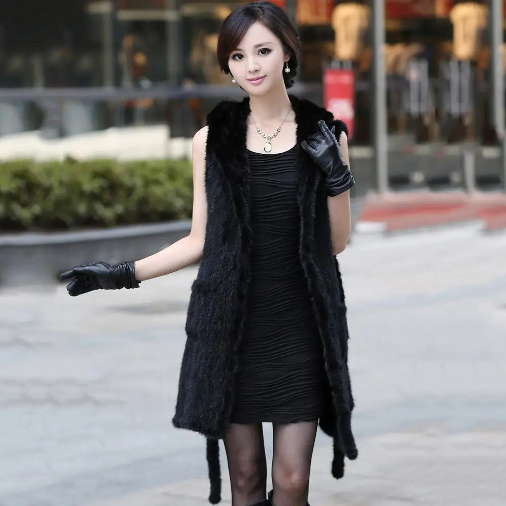

Factory Selling women's genuine knittedmink fur waistcoat with hoody female Natural Mink Fur Winter vest long gilet lady
