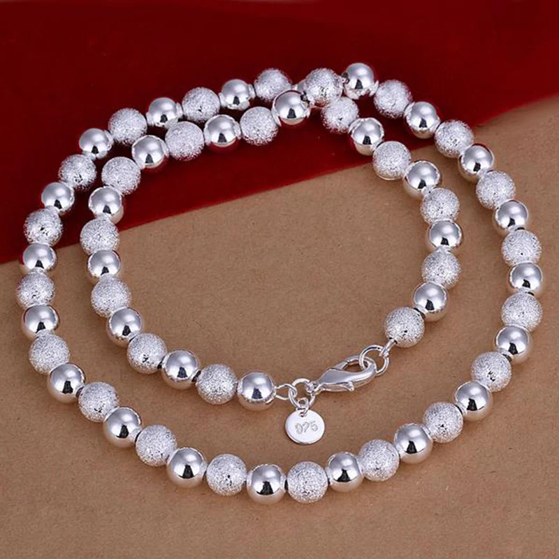 

Fashion Necklaces For Women Silver Grind Sand Ball Beads Chains 45CM Long Sweater Necklace 925 Pendant Jewelry Gift