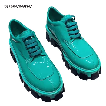 

VIISENANTIN Thick Bottom Flat Platform Shoes Female Shiny Leather 2019 Early Autumn New Oxfords Blue Green Red Single Shoe