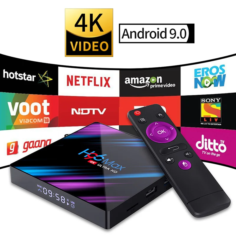 الذكية التلفزيون تعيين كبار مربع الروبوت 9.0 9 4 K 4096x2160 HDR Bluetooth4.0 USB 3.0 HDMI 2.0a ل 4k @ 60Hz DDR3 دعم 3D الفيديو 2.4G/5G H96