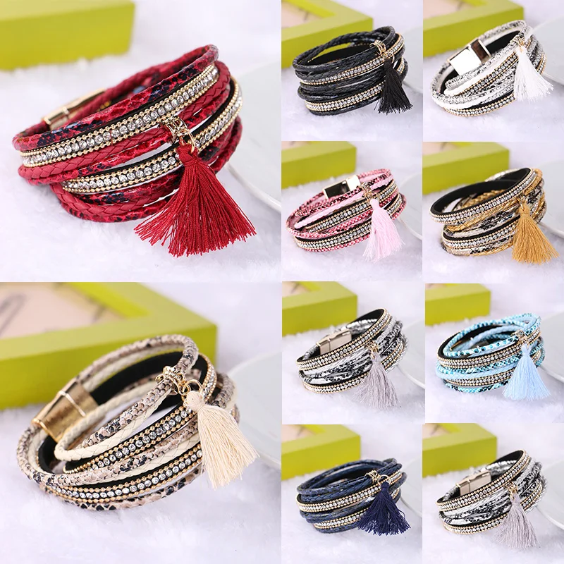 

LNRRABC Fashion Women Popular Charming Leather Multilayer Tassels Pendant Crystal Rhinestones Bracelet Bangle Jewelry