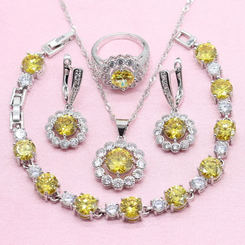 

Round Yellow Cubic Zirconia 925 Silver Jewelry Sets For Women Earrings Bracelet Necklace Ring Free Gift Box