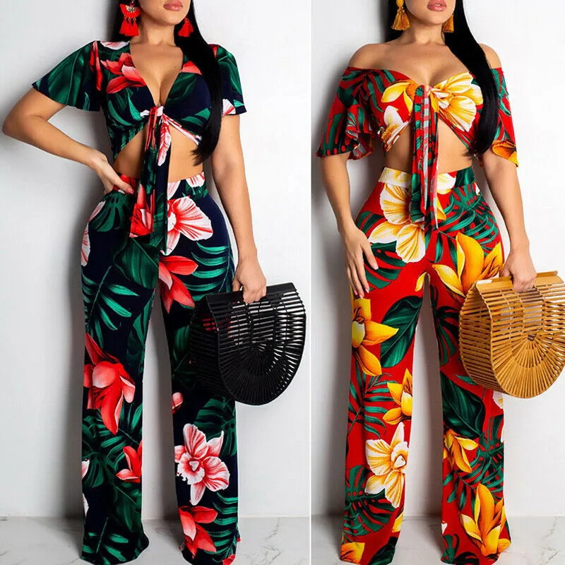 

Summer Clothes For Women Two Piece V-Neck Jumpsuit Floral Printed Crop Top +Wide Leg Trousers New 2 Piece Set Women Short Sleeve