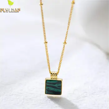 

Flyleaf 925 Sterling Silver Necklace Women Gold Green Square Malachite Fashion Fine Jewelry Simple Necklaces & Pendants Vintage