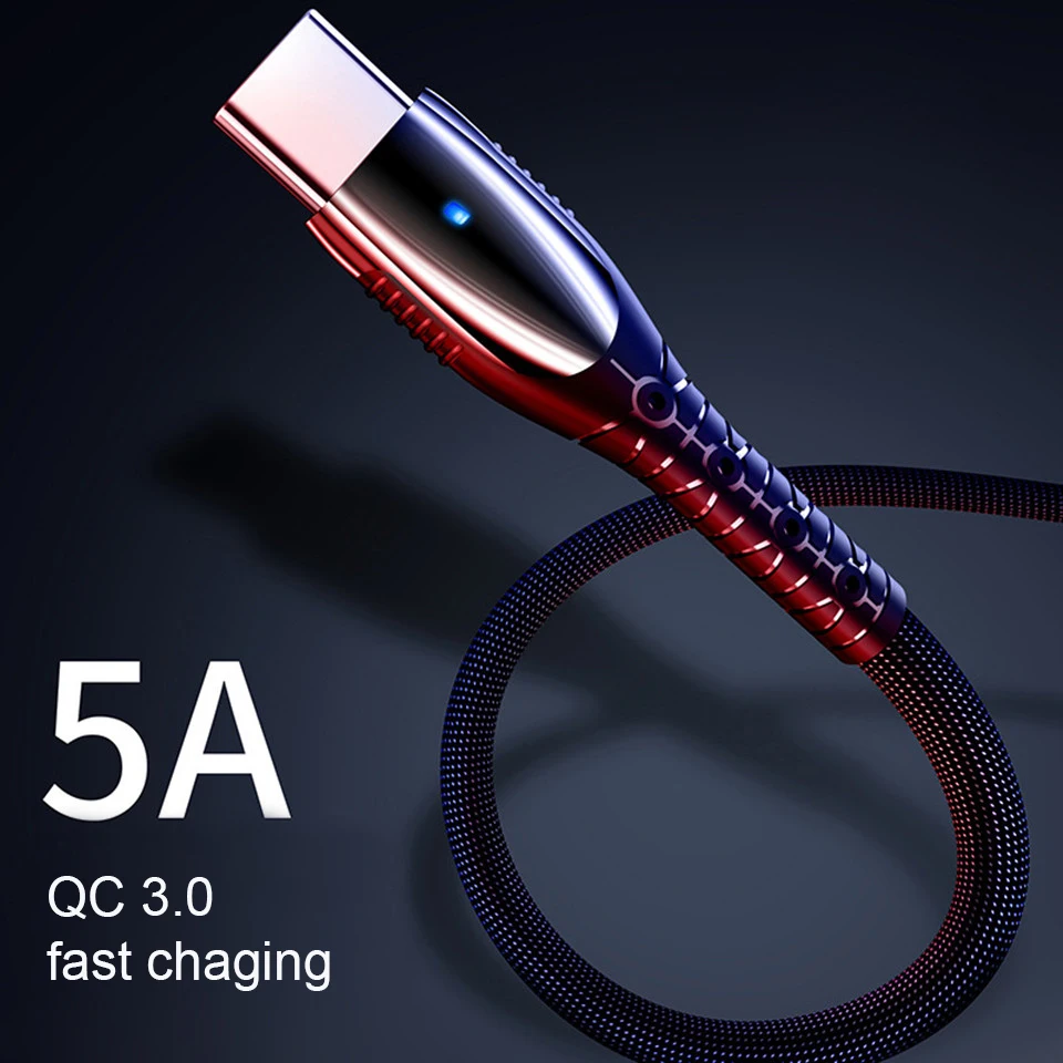 

LED Light USB Cable Type C 5A Fast Charging for Huawei xiaomi Samsung Durable Quick Charge QC 3.0 Charging Cable Jean Material