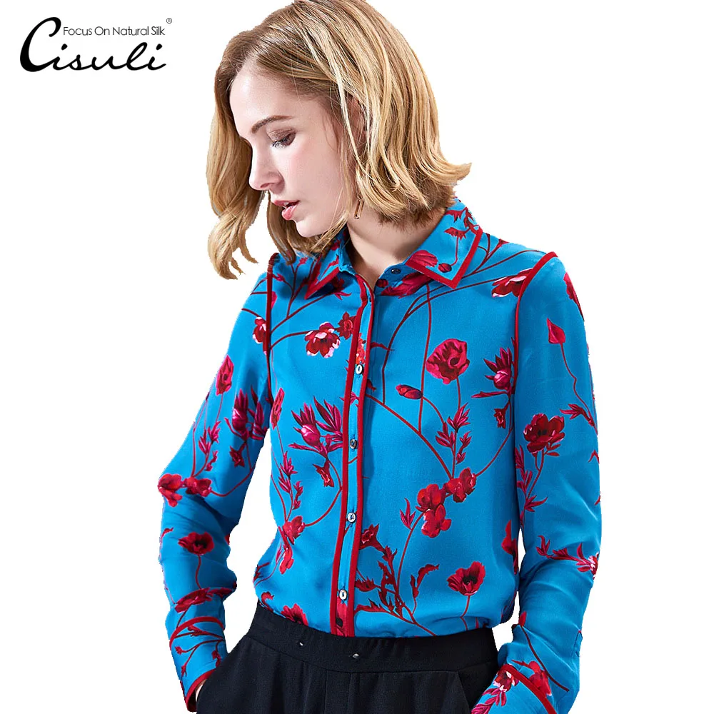 

CISULI Women Summer Shirt 100% Silk Crepe Printed Blouse Long Sleeve Women Top New Desigual 2019 Spring