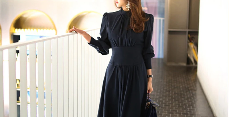 Dark Blue Stand Collar Lantern Sleeve A-line Office Dress