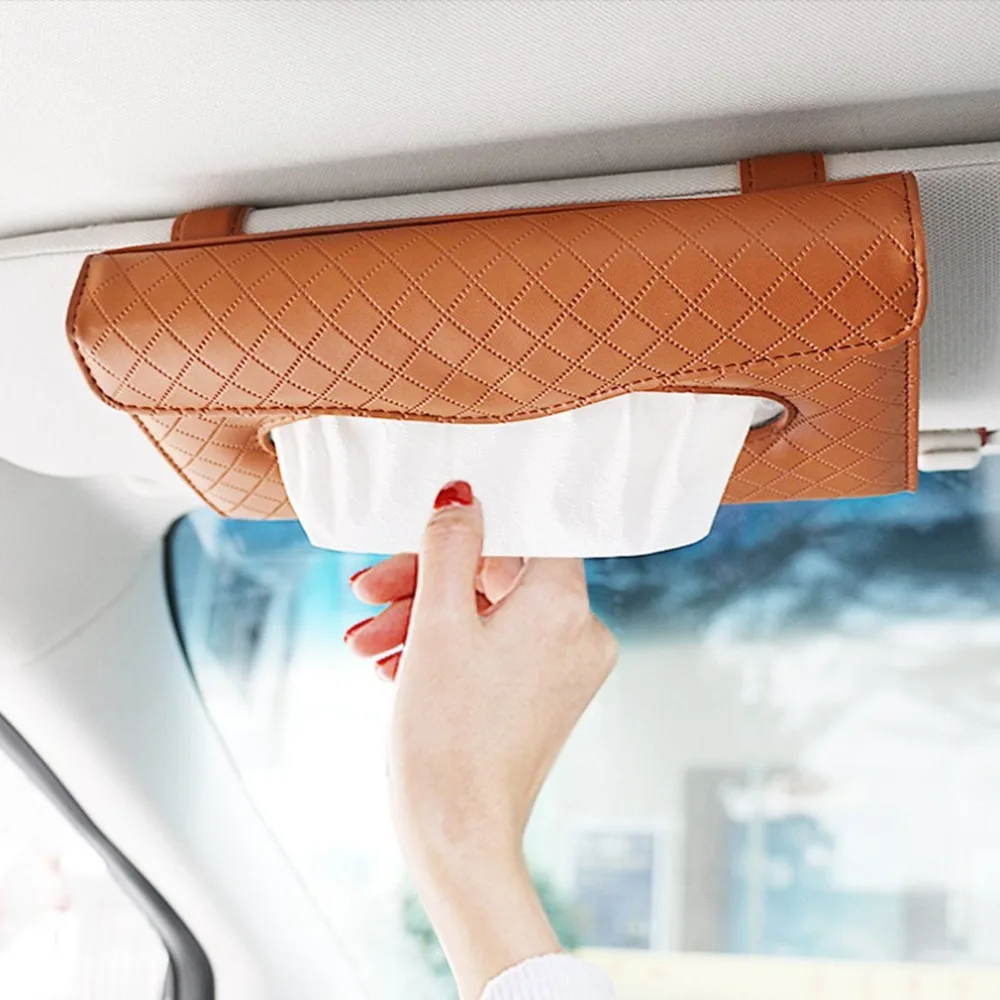 New Car Styling Sun Visor Tissue Box PU Leather Case Paper Holder Auto