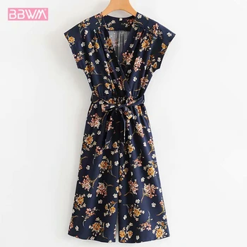 

Retro casual printed short-sleeved V-neck belt wide-leg jumpsuit summer new jumpsuit female 2019 new fashion Bohemia