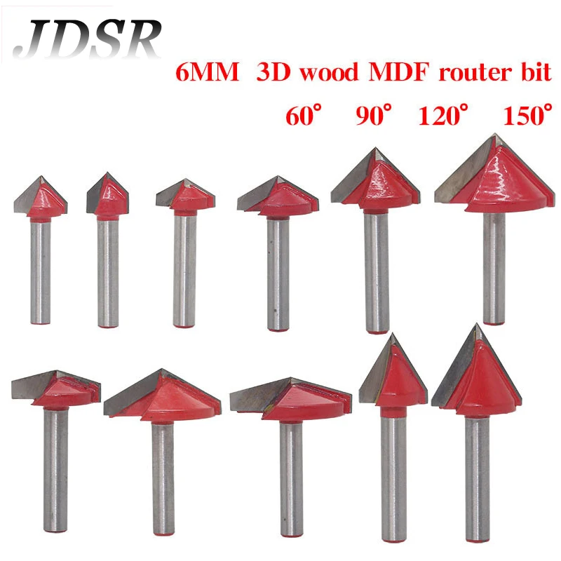 

JDSR 6mm Shank V-Bit CNC Solid Carbide End Mill 3D Wood MDF Router Bits Woodworking Tenon Milling Cutter 60 90 120 150 Degrees