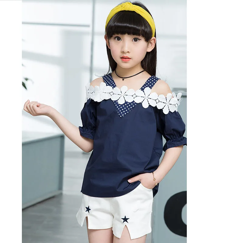 lace crochet flowers girls clothing sets 10 14 8 6 12 11 years summer 2017 clothing girls clothes sets kids blouses shorts sets (1)