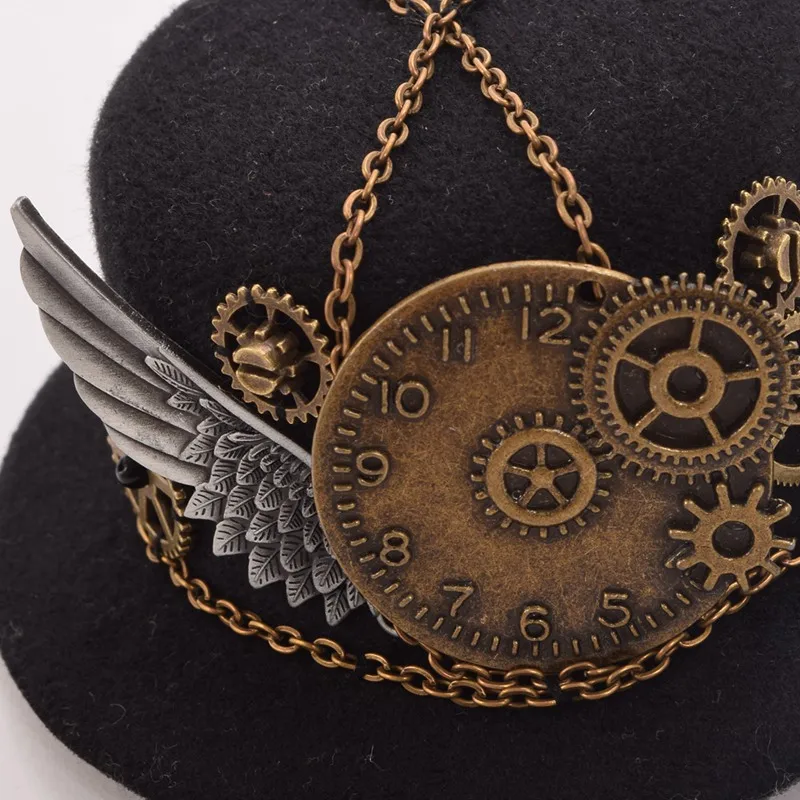 Retro Викторианский стимпанк Mini Top Hat зажим для волос Готическая Gears Wing цепи головной убор