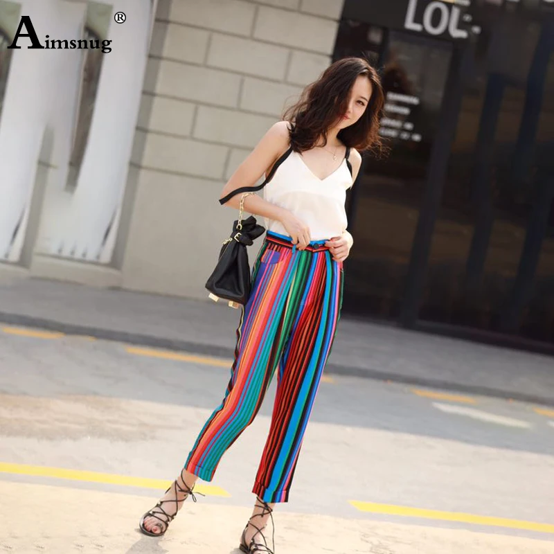 Casual Chiffon Harem Pants Loose Color Striped High Street 2019 Summer Autumn Women Ankle-Length Pants Female Rainbow Pants Casual Chiffon Harem Pants Loose Color Striped High Street 2019 Summer Autumn Women Ankle-Length Pants Female Rainbow Pants