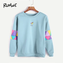 ROMWE бледно-голубой лоскутный принт с буквенным геометрическим принтом Толстовка Женская Весенняя Осенняя повседневная одежда Женский пуловер с круглым вырезом