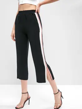 

ZAFUL Stripes Panel Slit High Waisted Wide Leg Pants