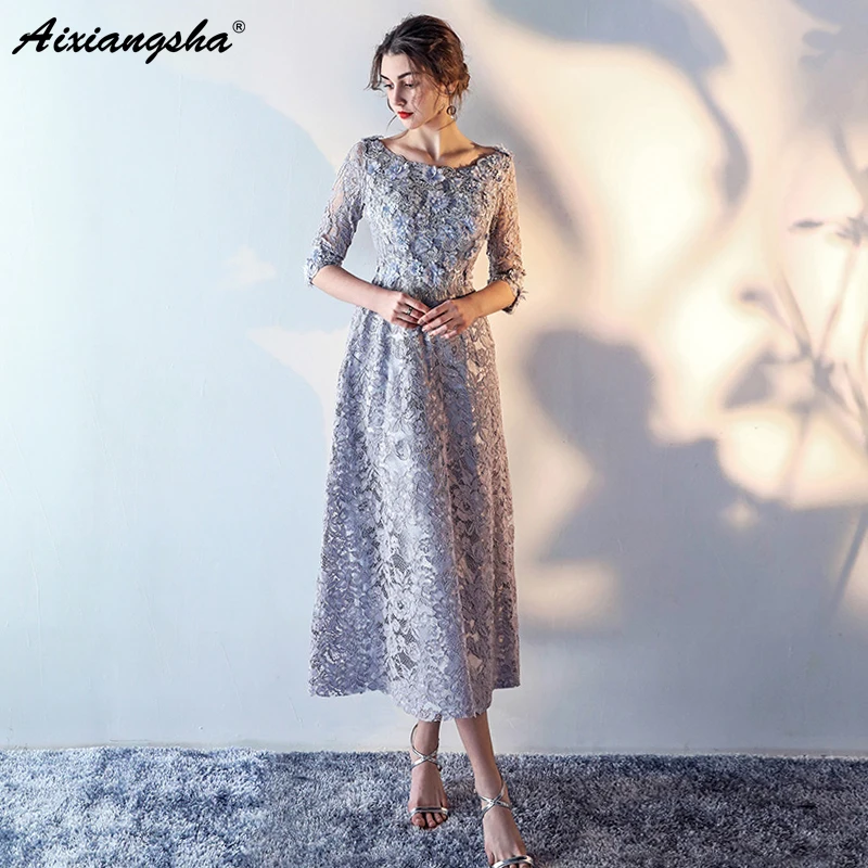 

2018 High Quality Lace Evening Dress Elegant Scoop Lace Up Back Long Dress Gray vestidos vestido de festa longo Abendkleider