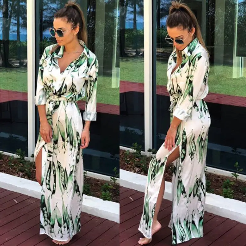 Womens Summer Holiday Slit Long Maxi Summer Print Beach Cocktail Party Dress