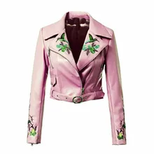 Autumn Women Floral Embroidered Pu Leather Jacket Turn-Down Collar Long Sleeve Bomber Basic Jacket Zipper Belt Short Jacket Autumn Women Floral Embroidered Pu Leather Jacket Turn-Down Collar Long Sleeve Bomber Basic Jacket Zipper Belt Short Jacket