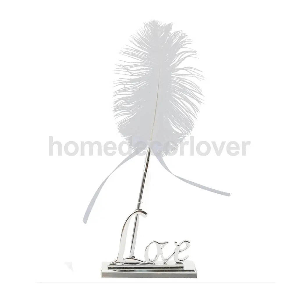 

Wedding Reception White Ostrich Feather Quill Guest Book Signing Pen with Golden Love Pen Stand Holder Set
