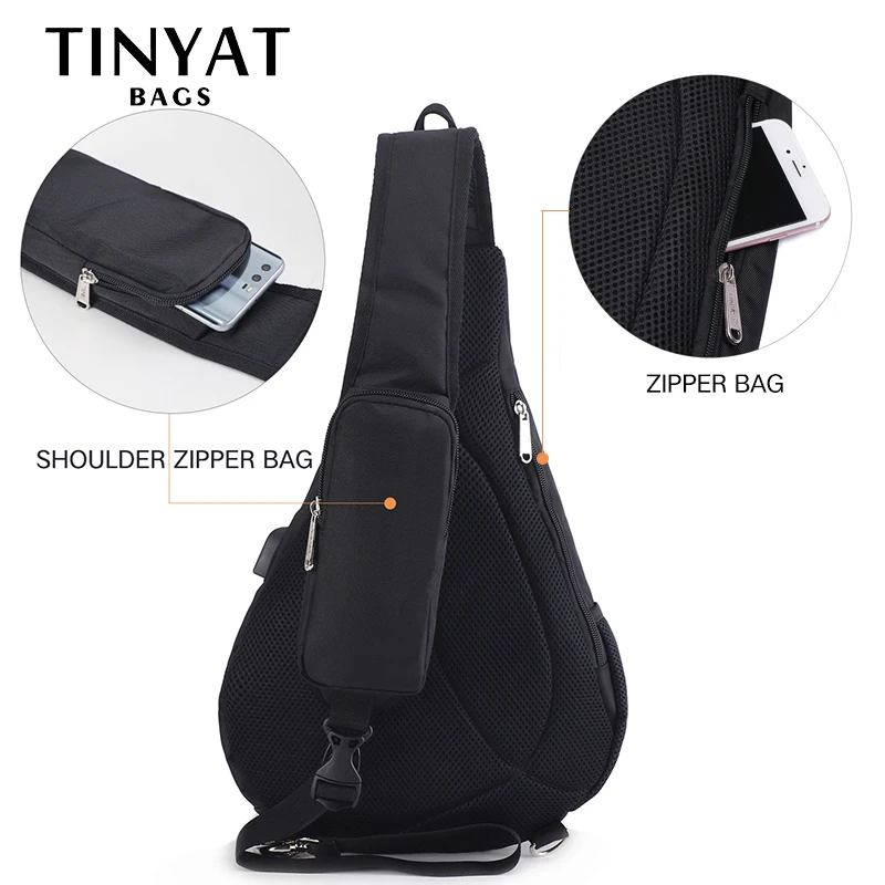 TINYAT جديد رجل حقيبة كتف بحب تعليق مكافحة سرقة Crossbody حقيبة ل 9.7 ''سادة USB تهمة للماء سفر رسول عارضة حقيبة صدر للرجال
