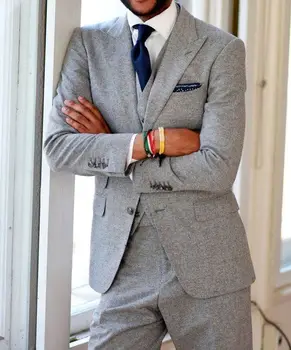 Cena 2017 Najnowsze Wzory Płaszcz Pant światła Szary Tweed Mężczyźni Garnitur Slim Fit Tuxedo Skinny 3 Sztuka Groom Garnitury Na Co Dzień W Stylu Blazer Masculino