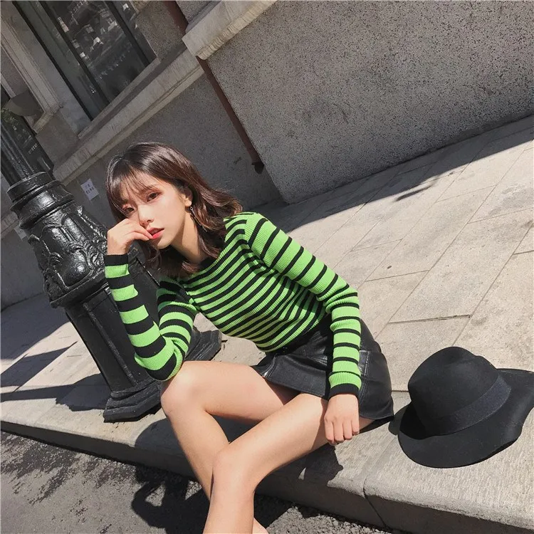 2018 Harajuku Punk Long Sleeve Striped Crop Sweater Green Yellow Slim Knit Sweater Sweaters