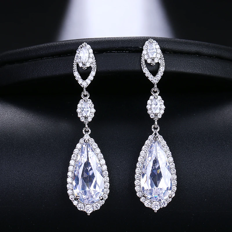 EMMAYA Luxury Bridal Four Colors Silver Vintage Allure Crystal Waterdrop Long Drop CZ Earrings For Women Wedding Jewelry Gift