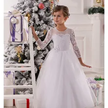 Белые цвета слоновой кости трапециевидной формы длина до пола Тюль с длинным рукавом цветок платья для девочек Первое Святое Причастие Платья цветок пышные платья