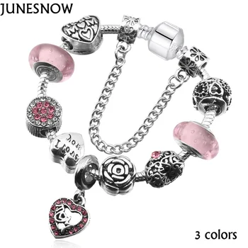 

JUNESNOW Pink Crystal Beads And Heart Dangle Silver Plated Charm Bracelets For Women Jewelry Fine Bracelet Pulseras Z033