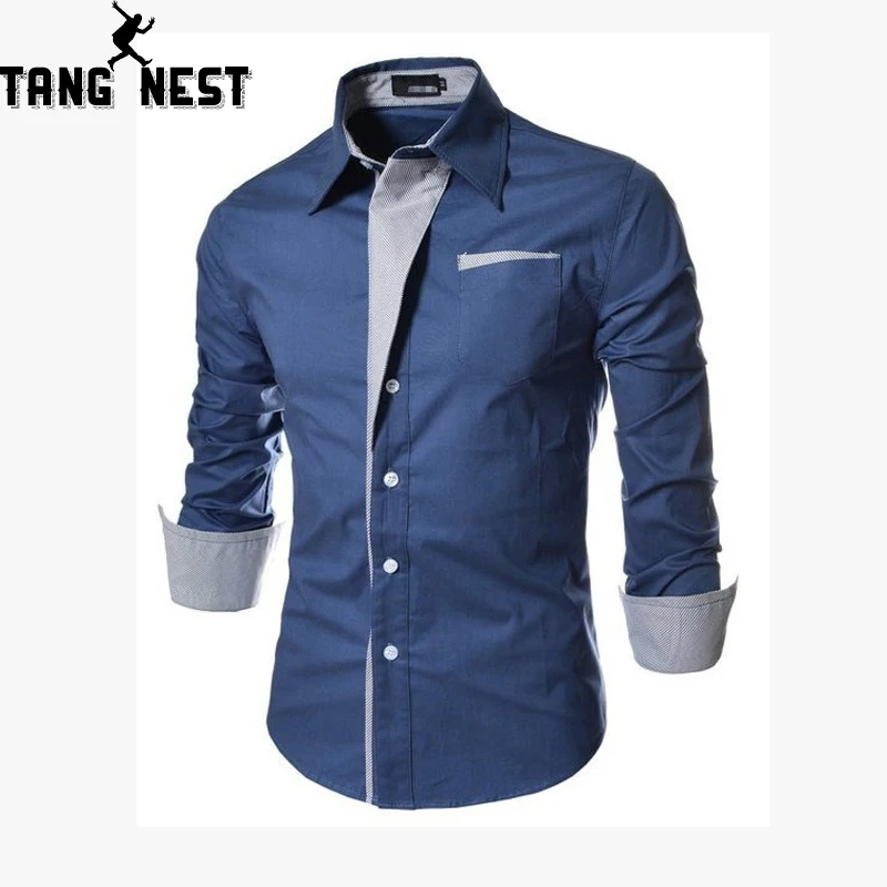 

TANGNEST Business Casual Turn-down Collar Men Striped Patch Design Shirt Slim Long-sleeved Single Breasted Shirt Men MCL2051