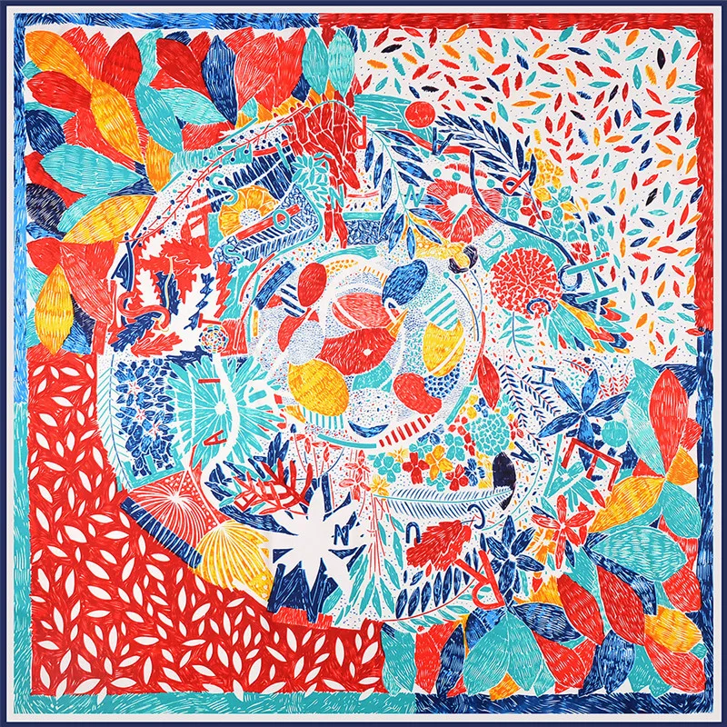 

POBING 100% Silk Scarf Women Large Shawls Nepal Leaves Print Stoles Square Bandana Luxury Kerchief Scarf Female Foulards 130CM