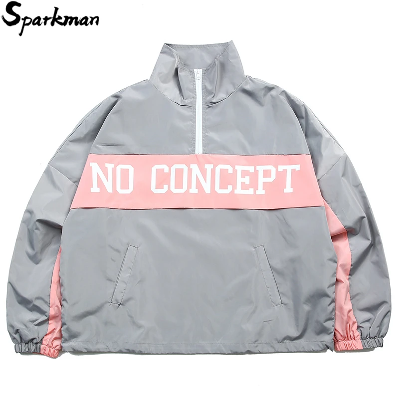 

Mens Loose Bomber Jacket Hip Hop Color Block Track Jacket Windbreaker Vintage Streetwear 2018 Autumn Half Zipper Jacket Pollver