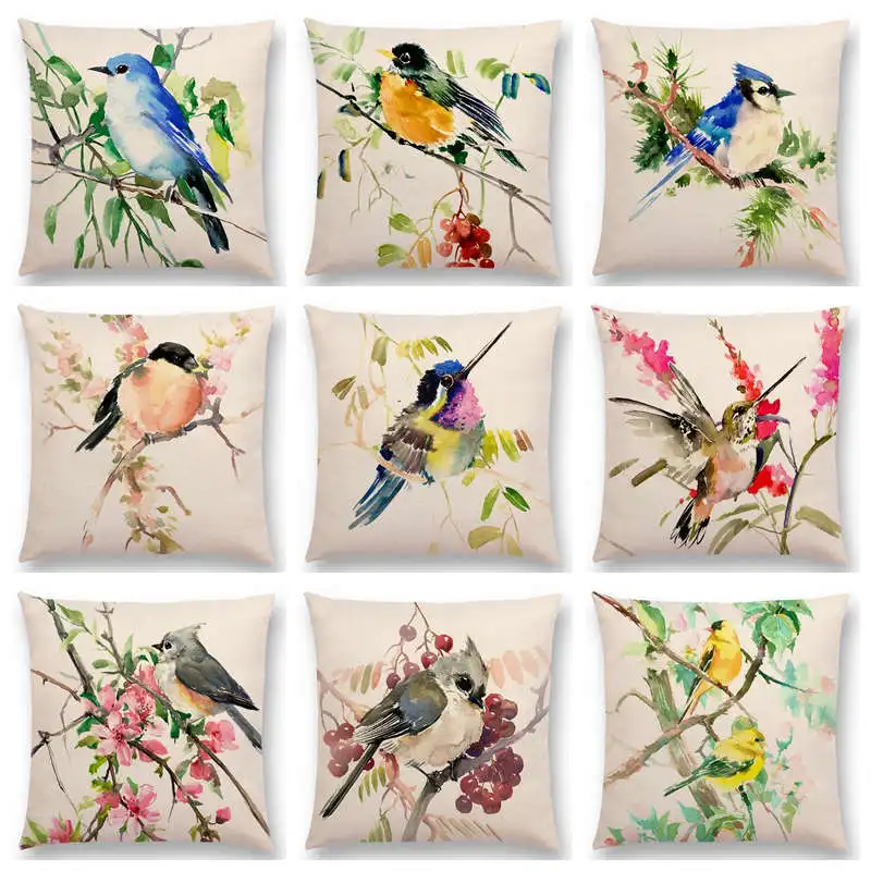 Акварельные милые птицы цветы Робин Тит Финч Hummingbird Goldfinch Sparrow ягод Tufted Подушка с