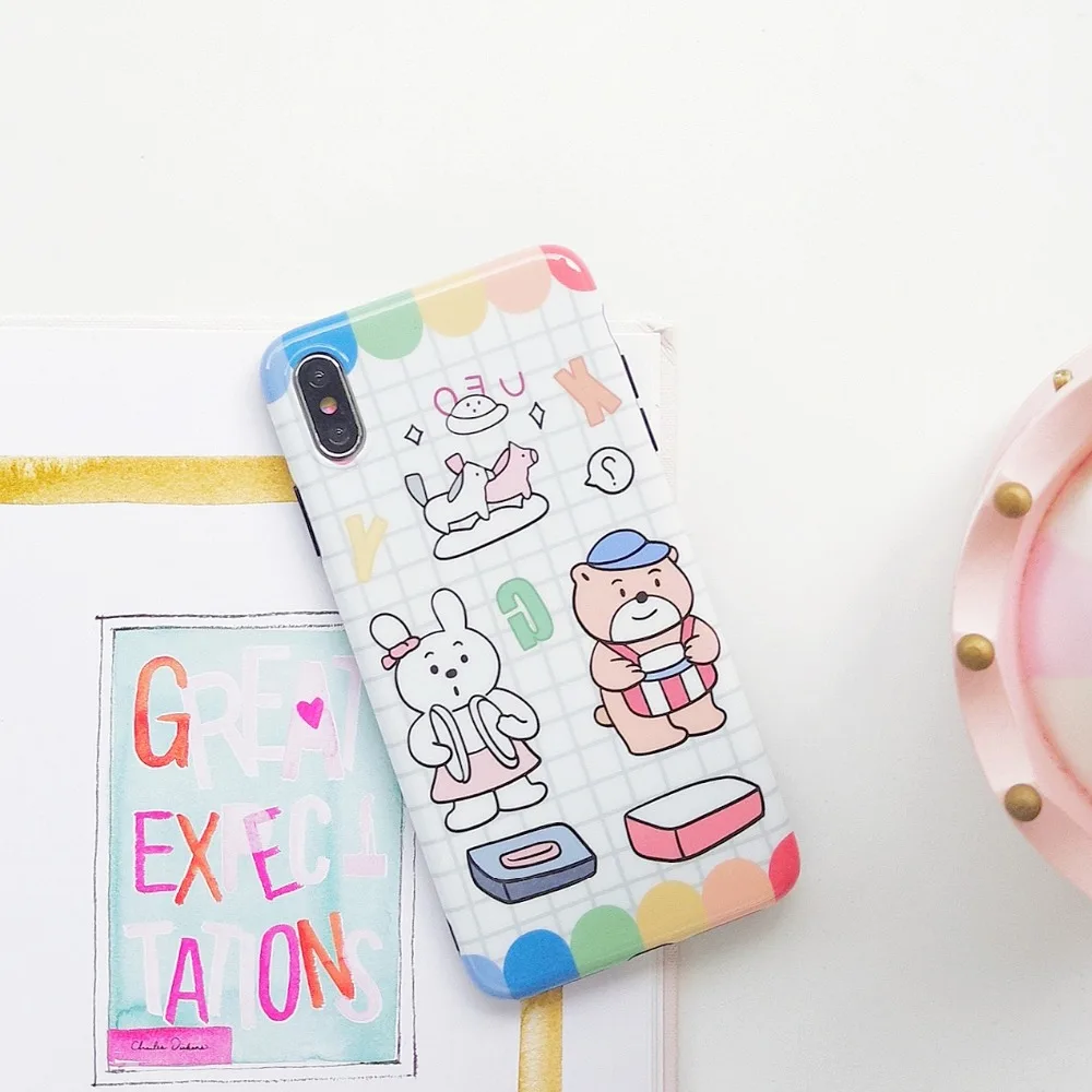 ORYKSZ Cartoon Bear rabbit Case for iPhone XR XS X Xs Max Phone Cover 6 6S 7 8 Plus Soft TPU Silicone Cases Coque |
