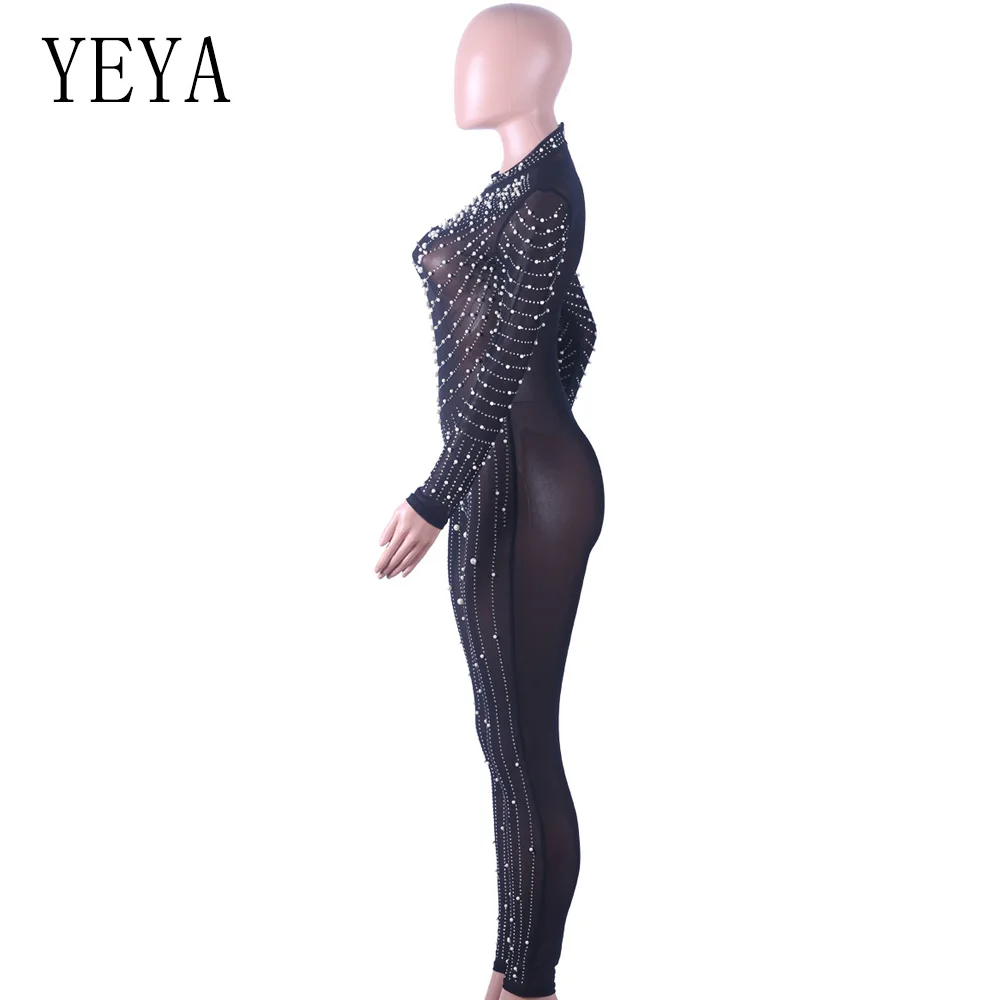 YEYA Women Beaded Embellish Sexy Overalls Black Glitter Rhinestones Mesh See Through Jumpsuit Bodysuits Elegant Party Catsuit