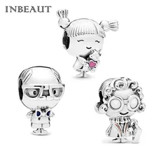 INBEAUT 925 пробы, милые очки, кудрявые волосы, бусины гандочки, браслет Пандора, подвески для девушки