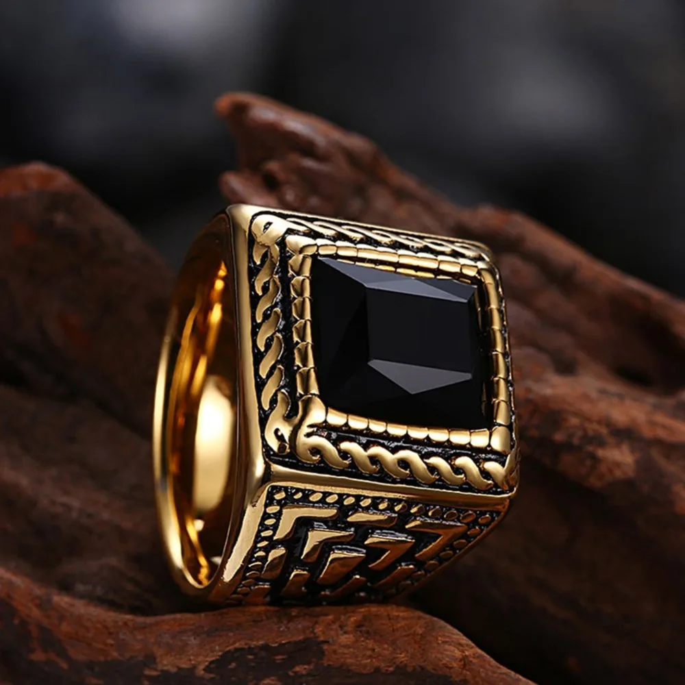 Square Black Stone Men Seal Ring Signet Gold Color Classic Wedding Band Male Rings Titanium Stainless Steel Biker Band DCR065