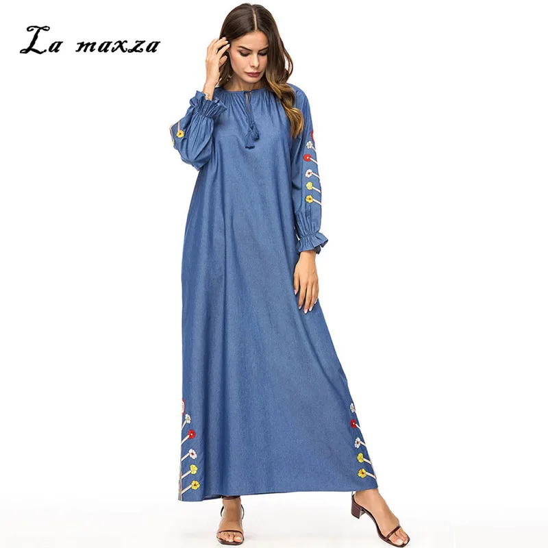 

Arab Long Muslim Dresses Middle East Moroccan Kaftan Denim Modest Embroidery Abaya Dress for Evening 7381
