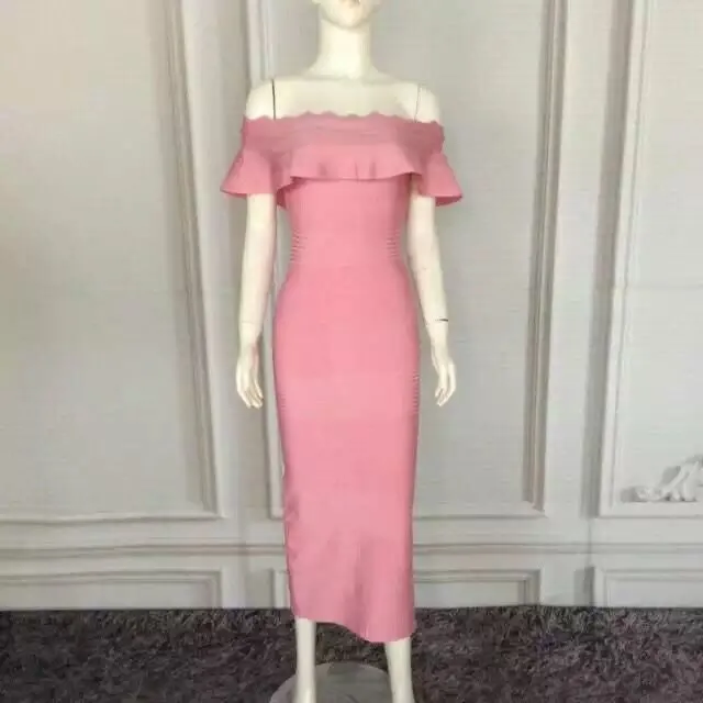 Новейшая мода наивысшего качества розовые оборки с плеча Slash шеи вискоза Бандажное платье знаменитость вечерние платья