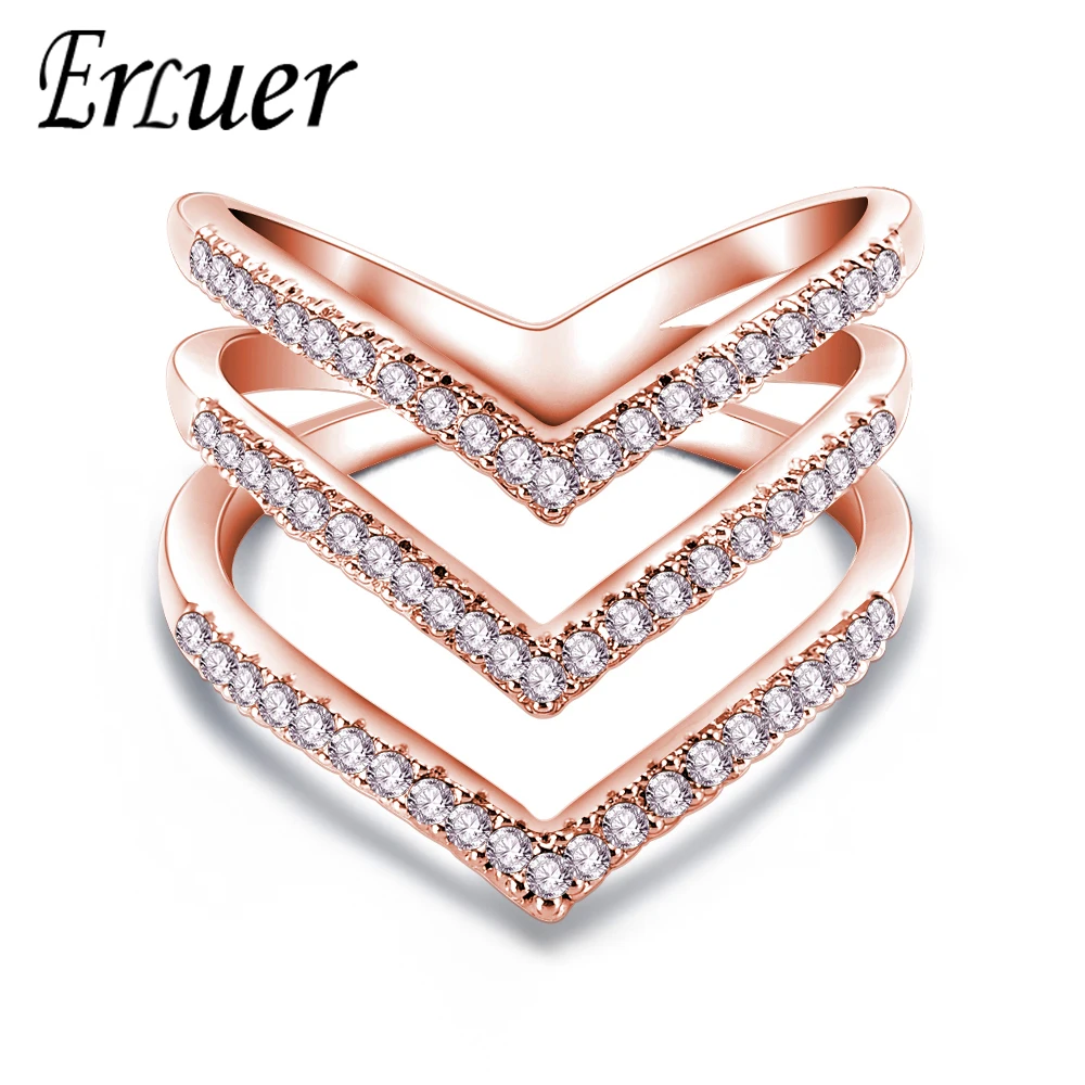 

ERLUER Multiple layers V-shape Crystal Zircon Gold color exaggerated Rings Jewelry Women Anniversary party Charm Jewelrys