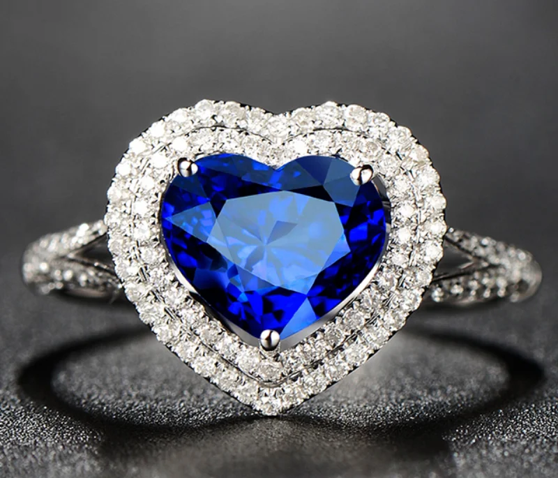 

1 carat 925 sterling silver tanzanite heart shaped diamant ring sapphire man made diamond wedding jewelry (LA)