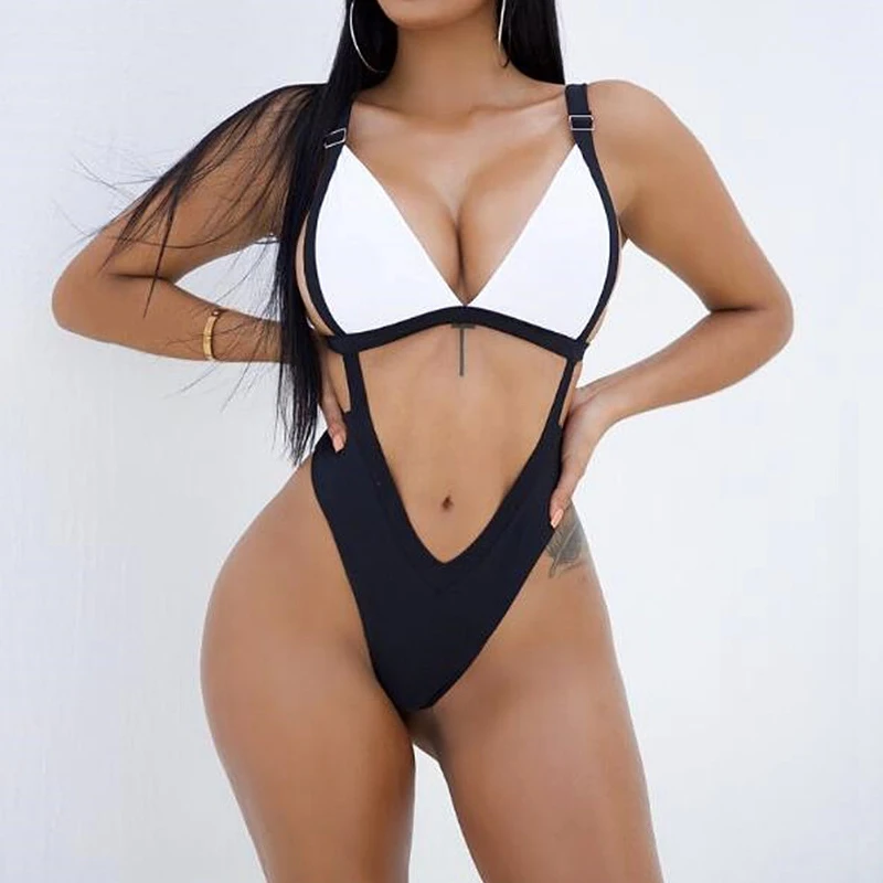 

sexy black white patchwork bandage swimwear women hollow out one piece swimsuit 2018 newest cutout swimming bathing suit badpak