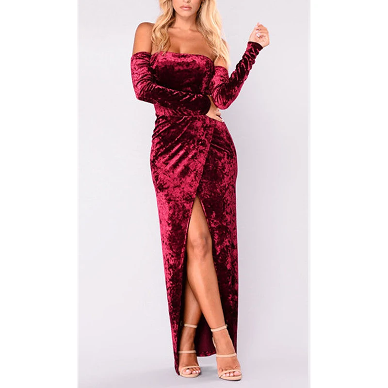 

Autumn new sexy long sleeve off shoulder bodycon long dress slash neck backless high split party club sexy solid long dress